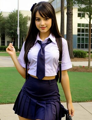 a young ai created woman dressed in a school uniform is holding a cigarette in her hand and smoking a cigarette in her other hand while standing on a sidewalk in fronta school uniform and smoking a sidewalk in front of a park